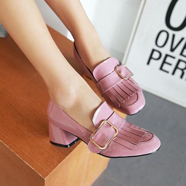 

dress shoes big size 9  11 12 ladies high heels women woman pumps square-headed heavy-heeled metal buckled shallow single shoe, Black