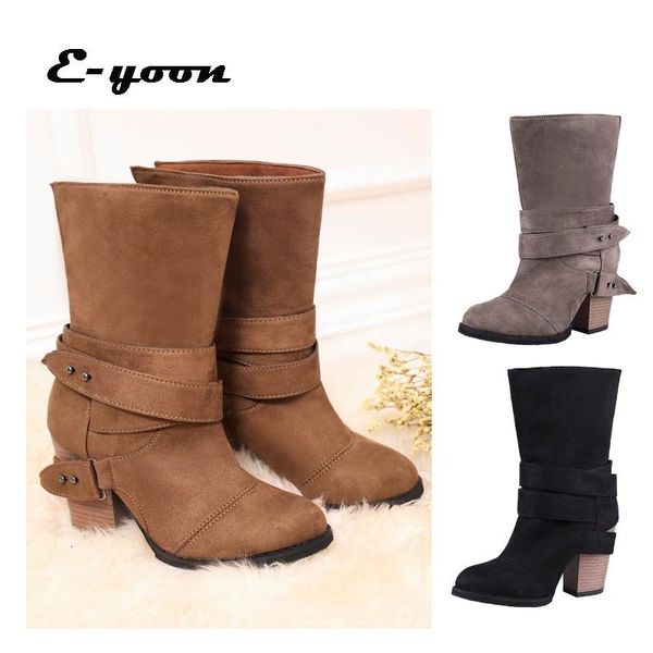 

boots autumn and winter women's british fashion flock short buckle with high heels thick shoes, Black