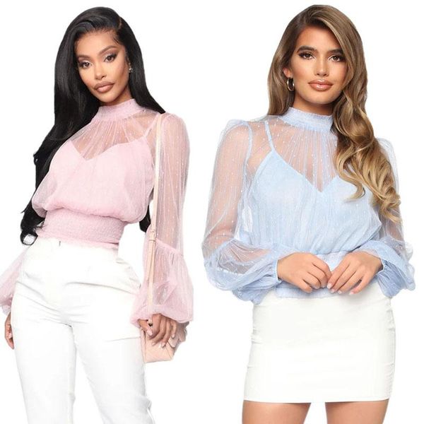 

polka dot fashion bubble long sleeve mesh and blouse shirts turtleneck shirt blouses women's &, White