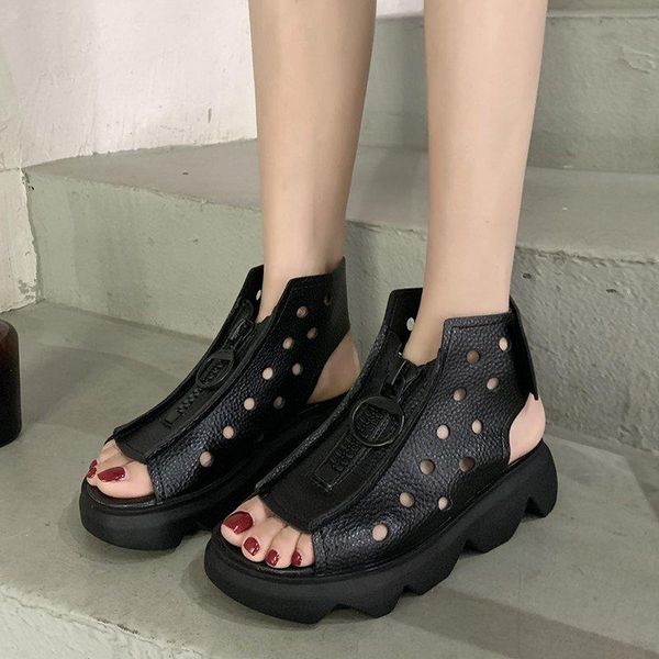 

women's sandals thick-soled roman shoes 2021 summer retro fish mouth female front zipper high-top, Black