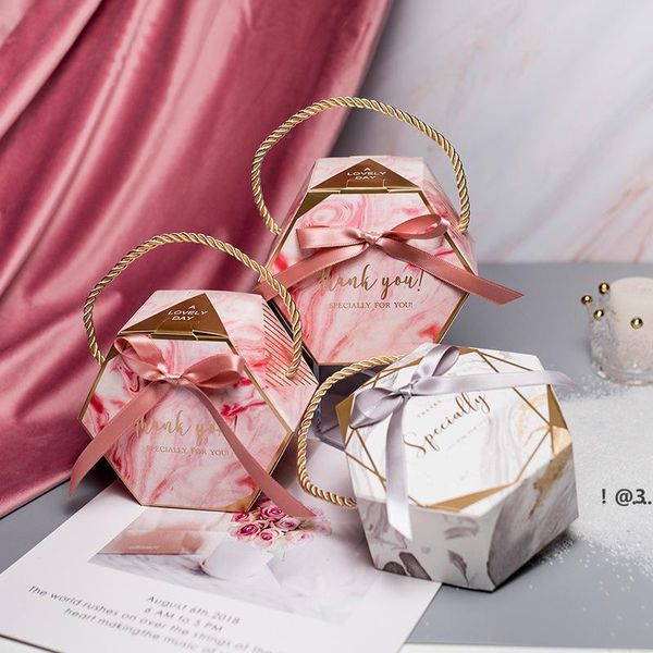 NEW10Pcs New Creative Pink / Grey Marble Texture Candy Box Scatole regalo di carta con nastri portatili sacchetti regalo caramelle maniglie EWA5496