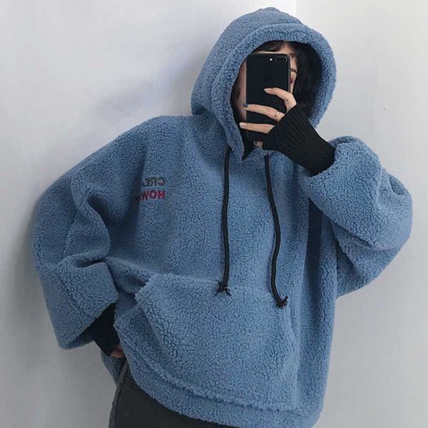 

faux wool fur sweatshirt women loose streetwear warm pullover casual oversize hoodies fashion female hip pop jumper winter coat 210531, Black