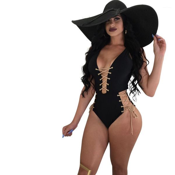 

Sexy Solid Color Backless Bandge Halter Swimwear Women Summer Beachwear 2021 New Women One Piece Swimsuits, Black