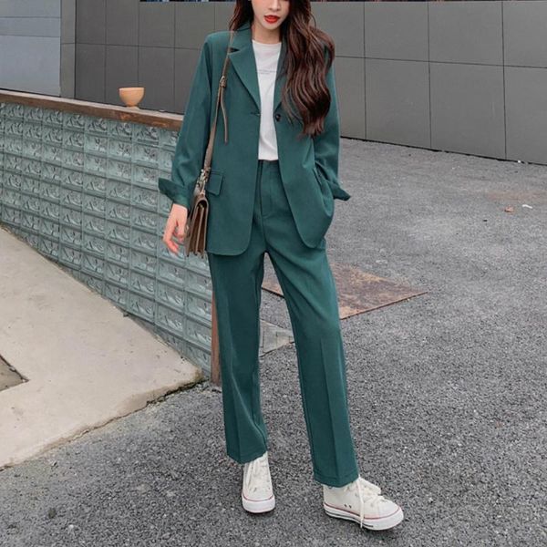 

pieces notch collar single-button women loose ol blazer split waist pocket straight pants business suits women's two piece, White