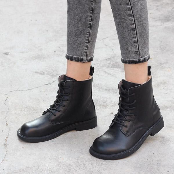 

boots imter 2021 women snow winter flat heels 100% genuine leather lace up ankle warm shoes thick fur booties, Black
