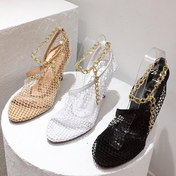 

women pumps thin high heels ladies mesh shoes pointed toe chain female high heel sandals fashion woman party dress shoes, Black