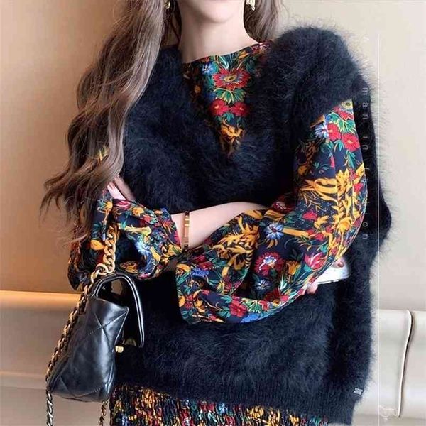 

imitation mink wool v-neck fashion korean sweater vest women winter loose pullover knitted 210427, White;black