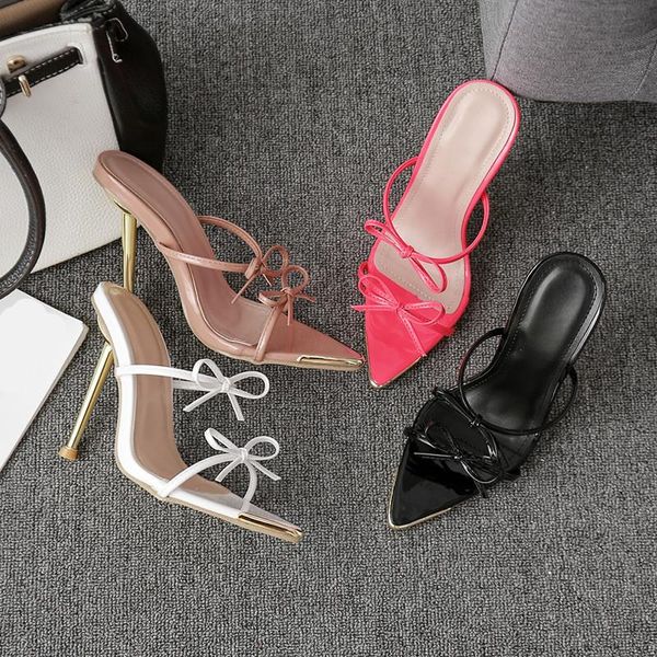 

slippers shoes soft slides women heels pantofle butterfly-knot rivet big size pointed toe comfort high thin 2021, Black