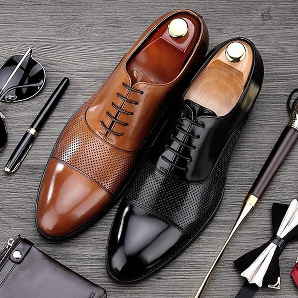 

dress shoes 2021 summer style man handmade wedding male genuine leather oxfords pointed toe formal men's breathable flats mg34, Black