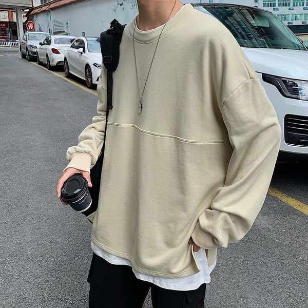 

men's hoodies & sweatshirts spring hoodie fashion solid color casual o-neck sweatshirt men streetwear wild loose hip hop fake two mens, Black