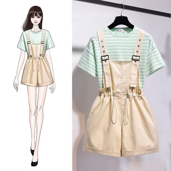

summer women suit fashion striped short sleeved t shirt + high waist wide leg loose strap shorts 2 pieces set z70 two piece dress, White