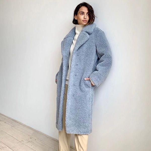 

women's wool & blends malina winter thick coats women fashion loose blue lamb jackets elegant turn down collar long female ladies jn, Black