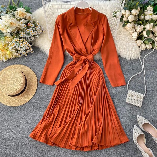 

women long sleeve pleated dress autumn solid korean notched french office lady streetwear retro midi a-line party casual dresses, Black;gray