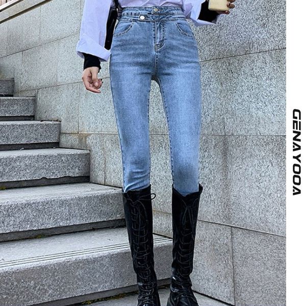 

genayooa skinny woman high waist pencil pants feminino streetwear slim bodycon stretch jeans push up korean fashion winter 210417, Blue