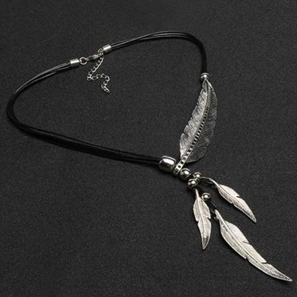

chains leather rope fringed for sweater feathers multi layer casual carved durable party holiday women necklace, Silver