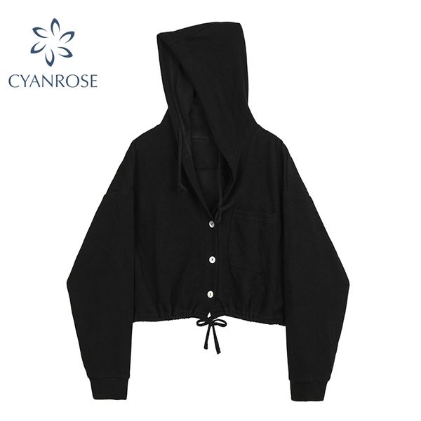 

solid crop hoodies crop sweatshirt women long sleeve streetwear hooded sweatwear drawstring lace up slim cardigan button 210417, White