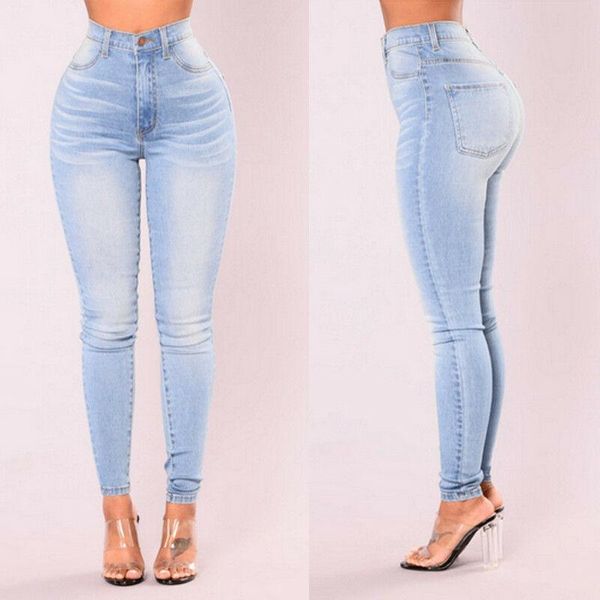 

women's jeans goocheer fashion womens solid stretch skinny denim casual trousers ladies slim high waist bodycon pencil pants, Blue