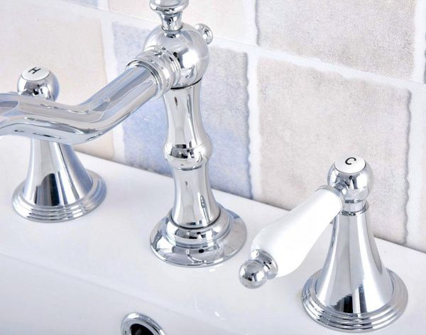 

polished chrome brass deck mounted dual handles widespread bathroom 3 holes basin faucet mixer water taps mnf542 sink faucets