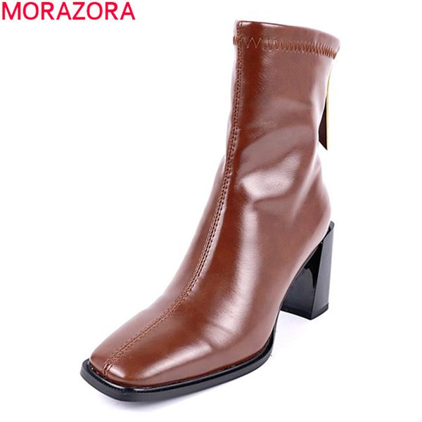 

morazora big size 34-43 women boots thick high heels square toe ladies shoes autumn winter solid color ankle boots 210506, Black