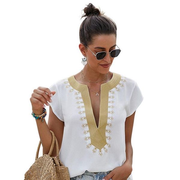 

womens t-shirt deep v-neck women bohemia casual tshirt boho print short sleeve female fashion summer loose women's, White