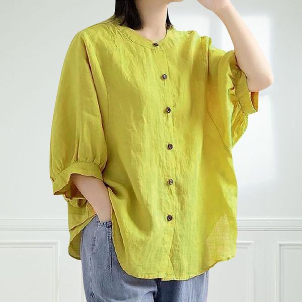 

women's blouses & shirts button up shirt ladies half sleeve o-neck puffed cotton linen loose femme for women blusa feminina, White