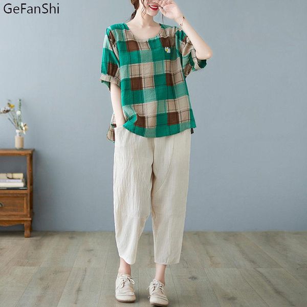 

women's tracksuits 2021 summer women 2pcs plaid short sleeve blouse+pants office lady cotton linen set casual loose fashion and trouse, Gray