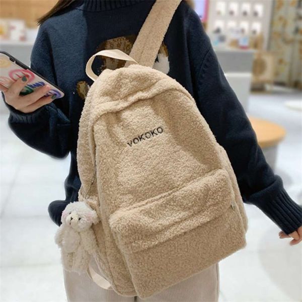 

woman fashion plush backpack for winter schoolbags for teenage girls ladies college harajuku travel school rucksack 210929