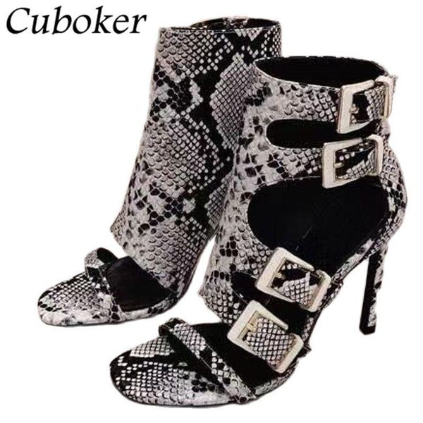 

dress shoes genuine leather women high heel sandals peep toe snake print summer ankle boots buckle decor brand designer mujer, Black