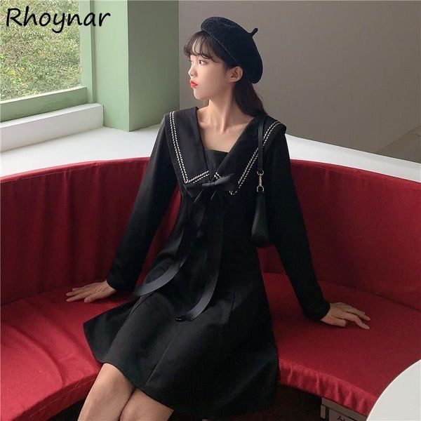 

casual dresses long sleeve dress women spring autumn plus size -4xl french sailor collar elegant young college retro knee-length vestido, Black;gray