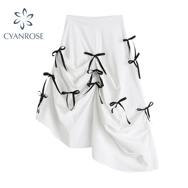 

irregular swing bow folds skirt women mori gir high waist solid white skirts summer new korean style fashion chic mini jupe 210417, Black