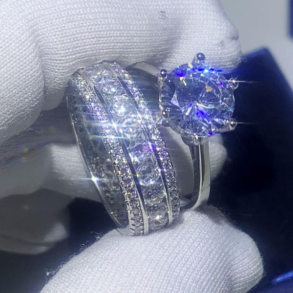 Anelli per matrimoni 2021 Coppia Gioielli di lusso 925 Sterling Argento Tarino Round Clear Clear 5A Zircon Cubic Women Bridal Ring Set Gift
