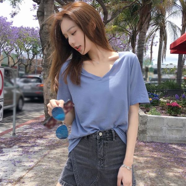 

women's t-shirt shirt women summer solid color loose v-neck short sleeve casual girl fashion korean style ee ops j0oj, White