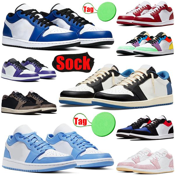 

with sock and tag 1 1s low mens womens basketball shoes fragment unc court purple game royal mocha reverse bred men women trainers sports sn