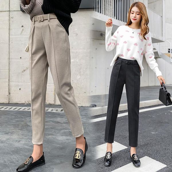 

women's pants & capris winter thicken pencil plus size wool female 2021 autumn high waist loose trousers good fabric, Black;white