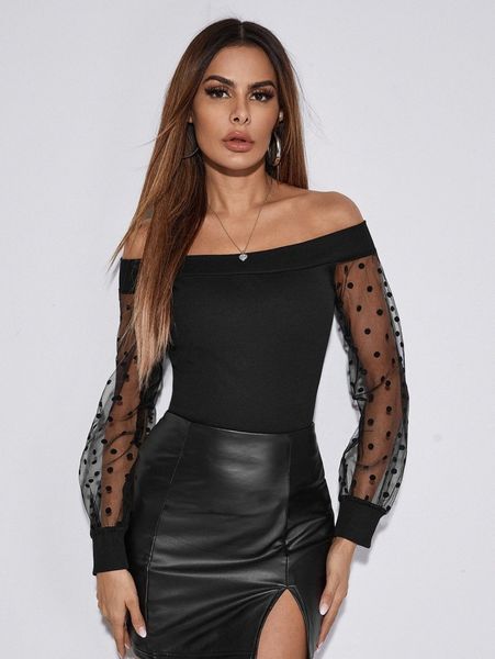 

foldover off shoulder sheer dobby mesh sleeve e6o9#, White