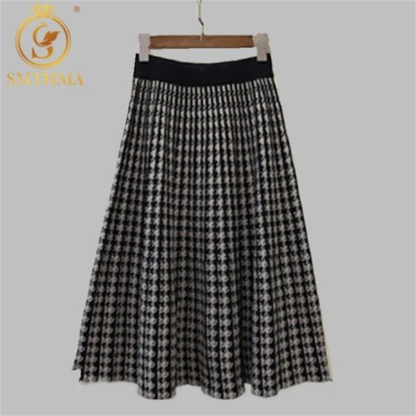 

new autumn and winter vintage stretch high waisted midi pleated houndstooth printed knitted skirt for women runway skirts 210412, Black