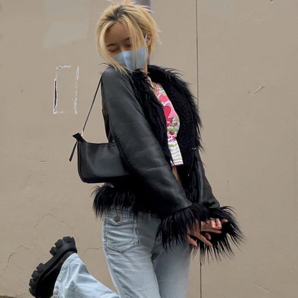 

fsda 2021 faux pu leather biker jacket women long sleeve fur black vintage autumn winter casual fashion coat