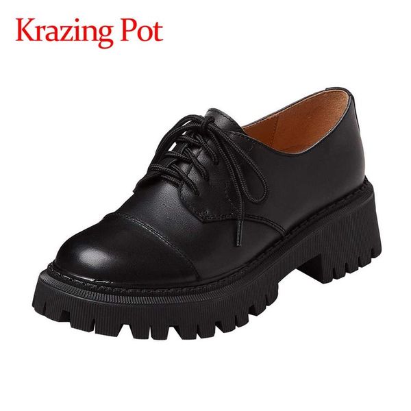 

krazing pot genuine leather round toe med heels high fashion preppy style young lady vintage daily wear lace up women pumps l26 dress shoes, Black