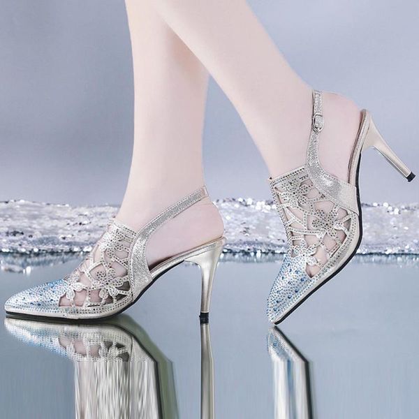 

fashion high heels ladies sandals crystal sandalias wedding party dress shoes women buckle pointed toe single, Black