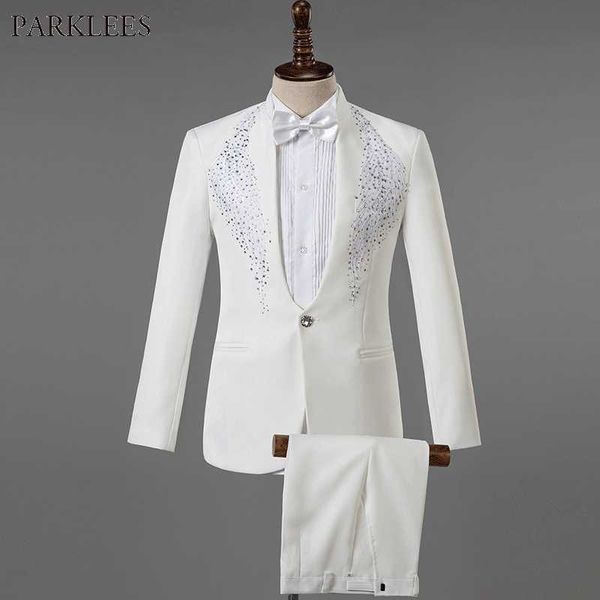 Weiß Hochzeit Bräutigam Kleid Anzug Männer Kostüm Homme Mariage 2020 Stilvolle Diamant Stickerei Slim Fit Smoking Herren Anzüge mit Hosen X0909