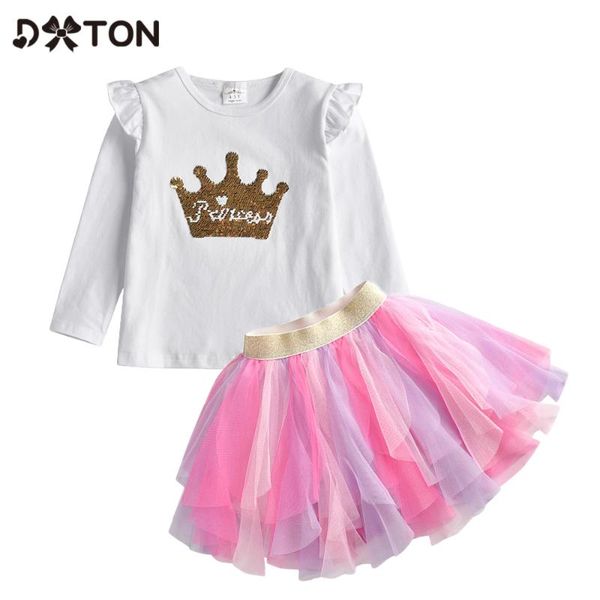 

clothing sets dxton 2pcs girls long sleeve t-shirts and 5 layers skirt spring autumn outfits suits cotton toddler casual clothes, White