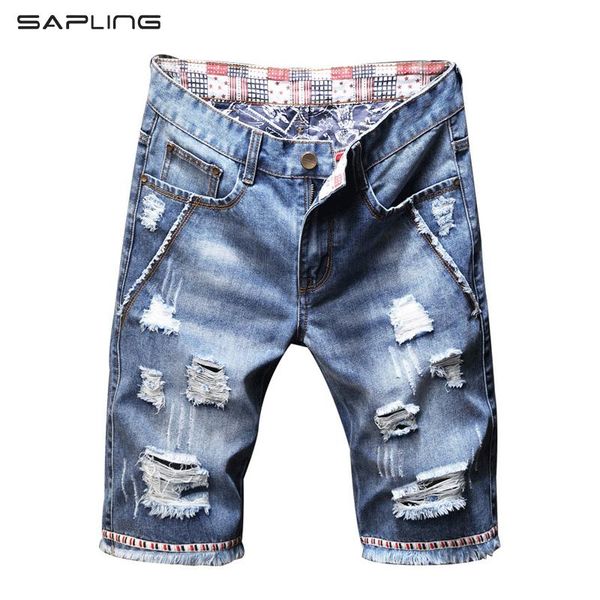 

mens ripped short jeans harajuku clothing cotton men shorts breathable denim pants male fashion knee length size 28-40 men's, Blue