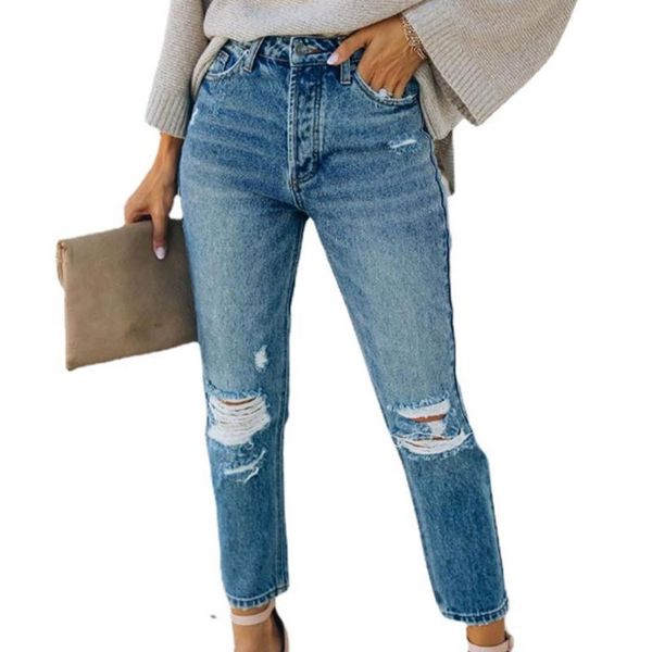 

women's jeans streetwear women high waisted ripped denim pants urban casual slim fit trousers fashion clothes straight long bottoms, Blue