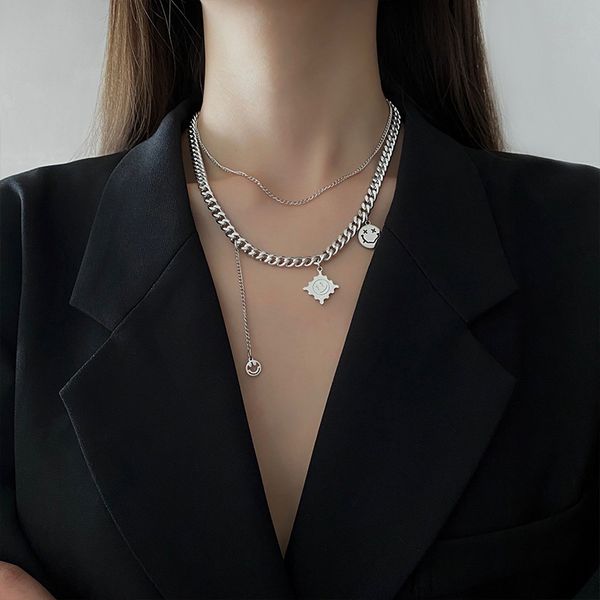 

double layer stitching and wearing smile face necklace female personality style clavicle street hip hop neck chain fashion cool, Silver
