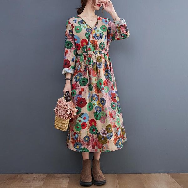

casual dresses 2021 print floral long sleeve autumn dress cotton linen draw string slim office lady work women spring midi, Black;gray