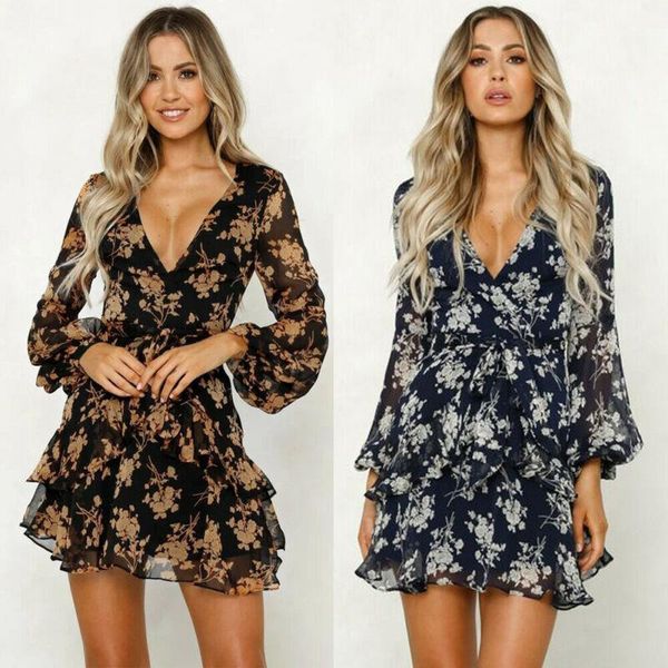 

womens dress boho dresses women summer floral chiffon party beach short mini sundress lace v neck ruffles, Black;gray