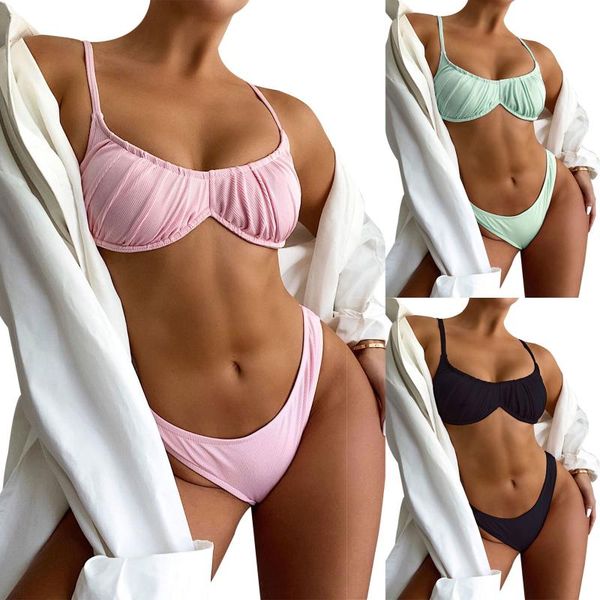 

women's swimwear solid color bikini, sleeveless sling briefs swimsuit, bare midriff two-pieces set, White;black