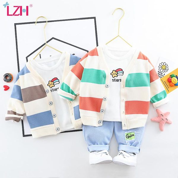 

spring 3pcs outfit for boys casual cardigan+long sleeve pants suits children fashion stripes kids clothes sets clothing, White