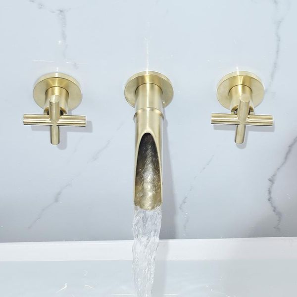 

bathroom sink basin faucet bath mixer tap wall mount brass waterfall with double handle and cold water set faucets