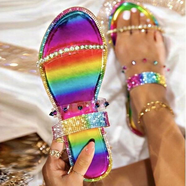 

sandals women rainbow crystal rivet slippers slides lady snakeskin transparent flats 2021 summer casual mixed color beach shoes big size, Black